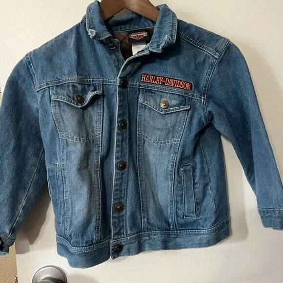Vintage Harley-Davidson Kids Embroidered Denim Jacket Sz6 Bikercore Streetwear - Picture 1 of 8